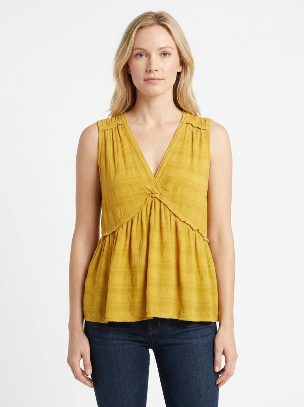 Lucky Brand Yellow Pleated V-Neck Sleeveless Top Women Size S/P